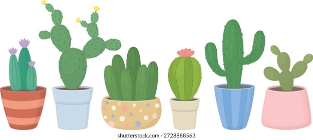 Colección de varios cactus en macetas decorativas. Ilustración con Elementos botánicos 