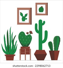 Collection of various cactus and succulent plants in different pots. Potted cactus house plants.  bright succulent or cactus, cacti plants with happy kawaii face vector illustration set. houseplant.