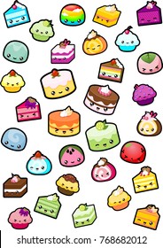 Collection of various cake illustration with cute faces