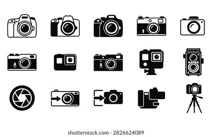 A collection of various camera icons, including DSLR, mirrorless, action cameras, vintage twin-lens reflex cameras, and photography accessories on white.
