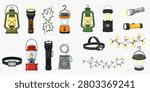 A collection of various camping and outdoor lighting equipment, including lanterns, flashlights, headlamps, and string lights.
