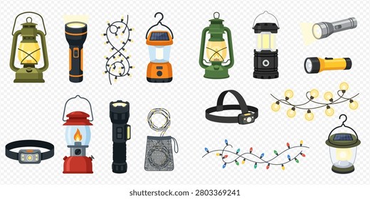 Una colección de varios equipos de camping y alumbrado exterior, incluyendo linternas, linternas, faros delanteros y luces de cadena.