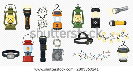 A collection of various camping and outdoor lighting equipment, including lanterns, flashlights, headlamps, and string lights.