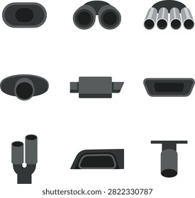 Collection of various car exhaust tailpipe designs in a flat style. This set features nine different car exhaust tailpipe designs in various shapes and sizes on a grey background. Ideal for automotive parts catalogs or car tuning shop websites.