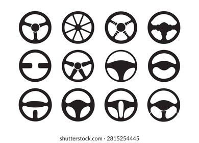 Collection of various car steering wheel designs in black and white