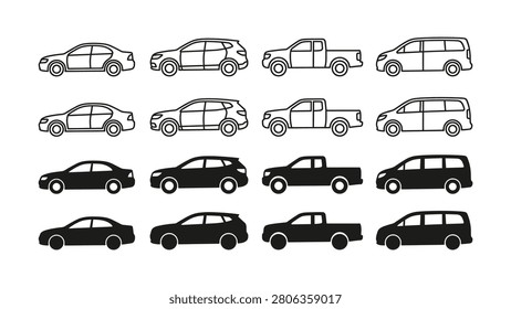 Collection of various car types in different styles and orientations side view cars and vehicles