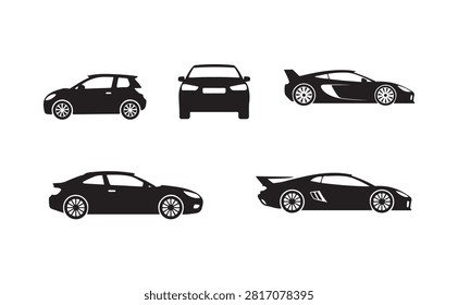 Collection of various car types including hatchback and coupe silhouettes for transport graphic sets.