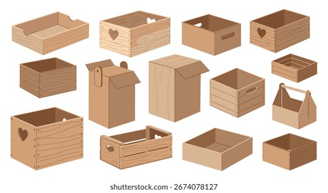 Collection of various cardboard boxes and crates for packaging and storage solutions