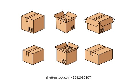 Uma coleção de várias caixas de papelão em diferentes estados de abertura e tamanhos.