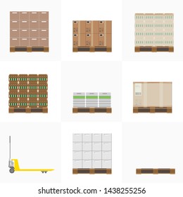 Collection of various cargo boxes. Cardboard boxes, crates, pallet, beer barrels. Pallet truck. Isolated illustration. 