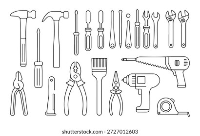 Collection of various carpentry metalworking and construction instruments manual and power tools outline icons
