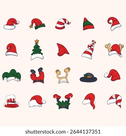 Coleção de vários chapéus com tema de Natal de desenhos animados, incluindo chapéus de Papai Noel, chapéus de elfo e outros desenhos festivos, apresentados em um estilo de design plano.  Os desenhos são retratados com linhas simples