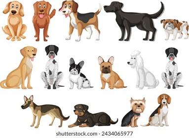 Collection of various cartoon dog breeds standing and sitting.