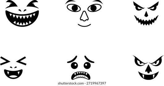 Colección de varias caras de dibujos animados con diferentes expresiones y emociones