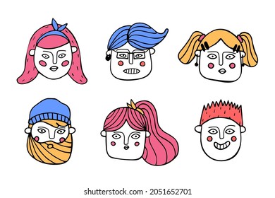 Sammlung verschiedener Cartoon-Gesichter. Vektorgrafik im Doodle-Stil.