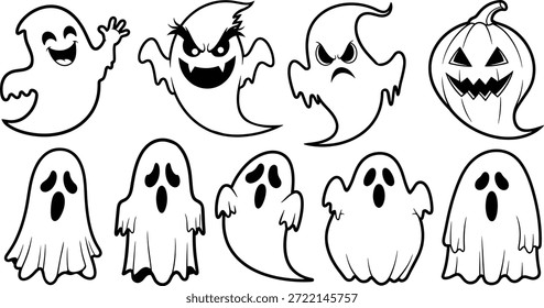 Eine Kollektion verschiedener Cartoon-Geister mit unterschiedlichen Ausdrücken, darunter glücklich, wütend und traurig, zusammen mit einer grinsenden Jack-o'-Laterne, alle in einem einfachen schwarz-weißen Umriss dargestellt, perfekt für Halloween-Themen.