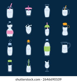 Collection of various cartoon representations of milk in different containers, such as bottles, jugs, glasses, and cups, each with a friendly, expressive face.  The design style is simplistic, 
