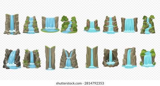 A collection of various cartoon waterfalls, showcasing different styles of water flowing over rocks and cliffs, set against a transparent background.