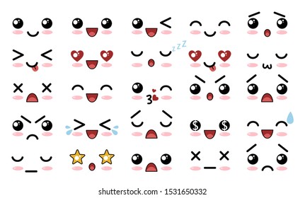 Collection of various cartoons characters and faces set vector illustration. Kawaii emotions showing expressions angry, embarrassed, fun, sad, surprised flat concept. Isolated on white background