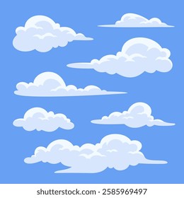 A collection of various cartoon-style clouds on a blue background. The clouds vary in shape and size, showcasing a whimsical and playful design.