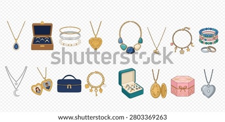 A collection of various cartoon-style jewelry items, including necklaces, bracelets, rings, and jewelry boxes, displayed on a transparent background.