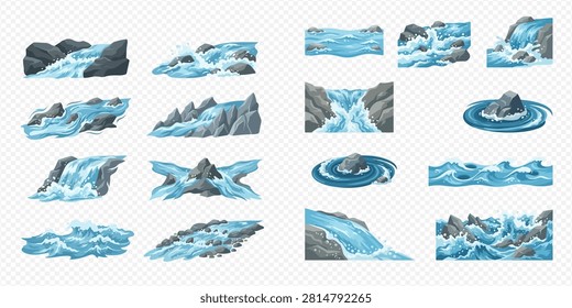 A collection of various cartoon-style water elements, including waterfalls, rapids, and swirling water, with rocks and splashes, on a transparent background.