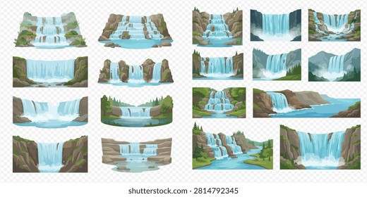 A collection of various cartoon-style waterfall illustrations, depicting different shapes, sizes, and surrounding landscapes with rocks and foliage.