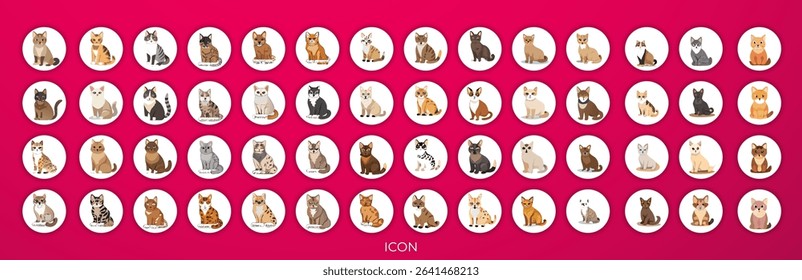 A collection of various cat breeds, displayed in a grid format.  Each cat is depicted in a cartoon style, with simplified features and bold colors.  The cats vary in coat color, ranging from light cre
