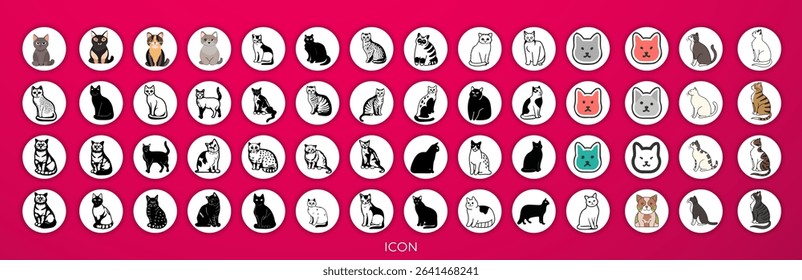 A collection of various cat breeds, displayed in a grid format.  Each cat is depicted in a cartoon style, with simplified features and bold colors.  The cats vary in coat color, ranging from light cre