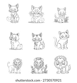 Collection of various cat and lion illustrations in different poses and expressions, depicted in a simple line art style, viewed from the front.
