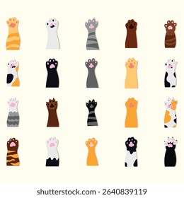 Collection of various cat paw prints, displayed in different colors and patterns, suitable for use as decorative elements or as part of a larger design project.  Each paw print is a simple