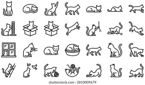 A collection of various cat poses and actions. Includes sleeping, playing, stretching, and grooming. Stylized line art.
