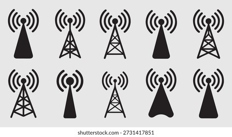 Coleção de vários ícones de torre celular com ondas de sinal