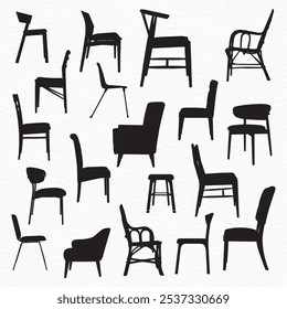 Collection of various chair silhouettes, showcasing different modern and classic designs, perfect for furniture and decor themes