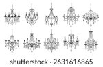 Collection of various chandeliers. Hand drawn illustration of antique crystal chandeliers. Sketch drawing of antique lighting equipment.