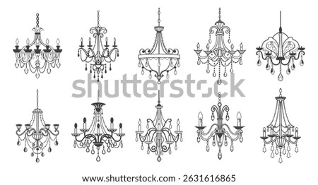 Collection of various chandeliers. Hand drawn illustration of antique crystal chandeliers. Sketch drawing of antique lighting equipment.