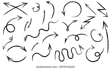 Collection various charcoal arrows. Hand drawn doodle symbols for sketchy diagrams.Vector doodle.