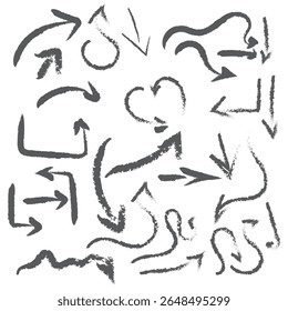 Collection various charcoal arrows. Hand drawn doodle symbols for sketchy diagrams. Direction pointers, group of chalked arrows. Vector doodle marker drawing. Scratched curved strokes and waves.