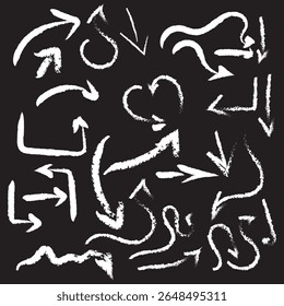 Collection various charcoal arrows. Hand drawn doodle symbols for sketchy diagrams. Direction pointers, group of chalked arrows. Vector doodle marker drawing. Scratched curved strokes and waves.