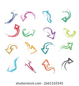 Collection various charcoal arrows Hand drawn doodle symbols for sketchy diagrams Direction pointers group of chalked arrows  Vector doodle marker drawing Scratched curved strokes and waves