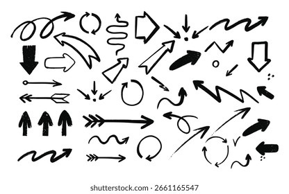 Collection various charcoal arrows Hand drawn doodle symbols for sketchy diagrams Direction pointers group of chalked arrows  Vector doodle marker drawing Scratched curved strokes and waves
