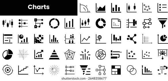Eine Sammlung verschiedener Diagrammsymbole in Schwarz und Weiß, die Datenvisualisierungstypen darstellen, einschließlich Balkendiagrammen, Liniendiagrammen, Kreisdiagrammen und mehr.