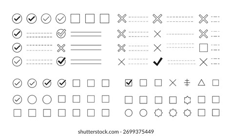 Collection of various checkmark and cross symbol icons and graphical elements for design and user interfaces.