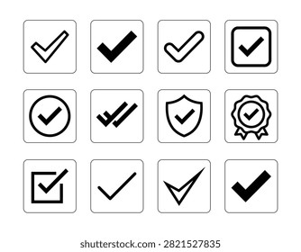 A collection of various checkmark icons, including simple checkmarks, checkmarks in circles, shields, and badges, all isolated on a white background.