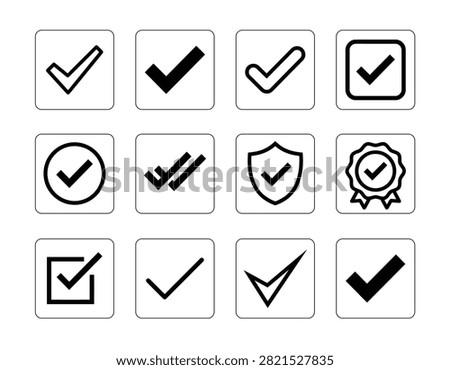 A collection of various checkmark icons, including simple checkmarks, checkmarks in circles, shields, and badges, all isolated on a white background.