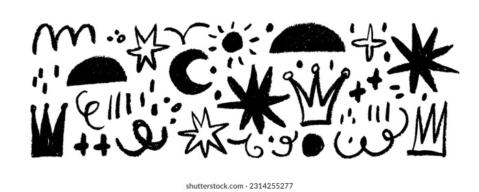 Collection of various childish style elements. Hand drawn swirls, abstract crowns, charcoal drawn dots, circles and stars isolated on white background. Doodle childish illustration.