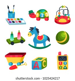 Collection of various children s toys. Ball, rocking horse, ABC cube, bead maze, turtle with numbers, paints with brushes. Fun and educational games. Flat vector icons