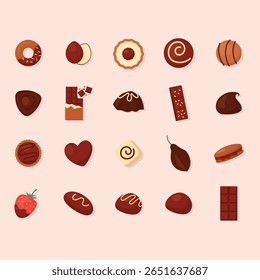 Collection of various chocolate items, such as chocolates, truffles, donuts, cookies, and candies, presented in a flat style graphic design.