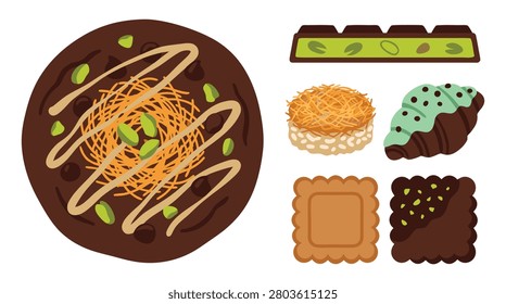 A collection of various chocolate-based desserts including a large round cake, chocolate bar, cookies, and pastries.
