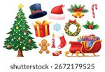Collection of various Christmas elements like a decorated tree, sleigh with gifts, bells, hat, gingerbread man, and candle. Vector cartoon illustration